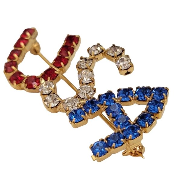 Red Clear Prong Set Rhinestone Patriotic USA Brooch Pin E779 - Picture 3 of 8